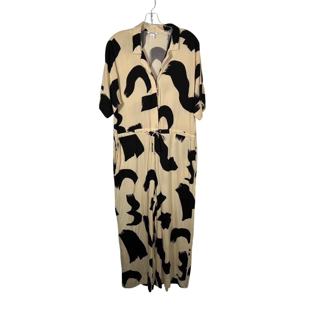 Monki Abstract Brushstroke Print Short Sleeve Jumpsuit Cream Oversized Medium